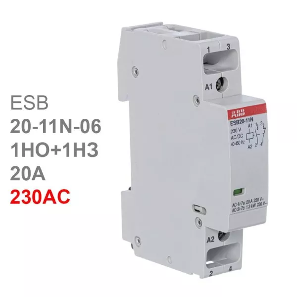Контактор ESB20-11N-06 модульный (20А АС-1, 1НО+1НЗ), катушка 230В AC/DC