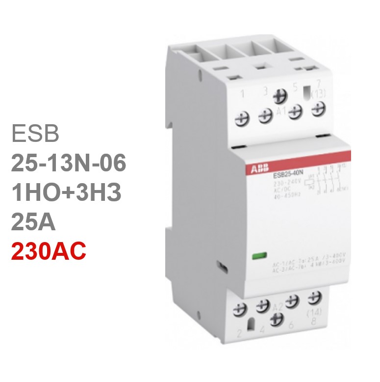 Контактор ESB25-13N-06 модульный (25А АС-1, 1НО+3НЗ), катушка 230В AC/DC